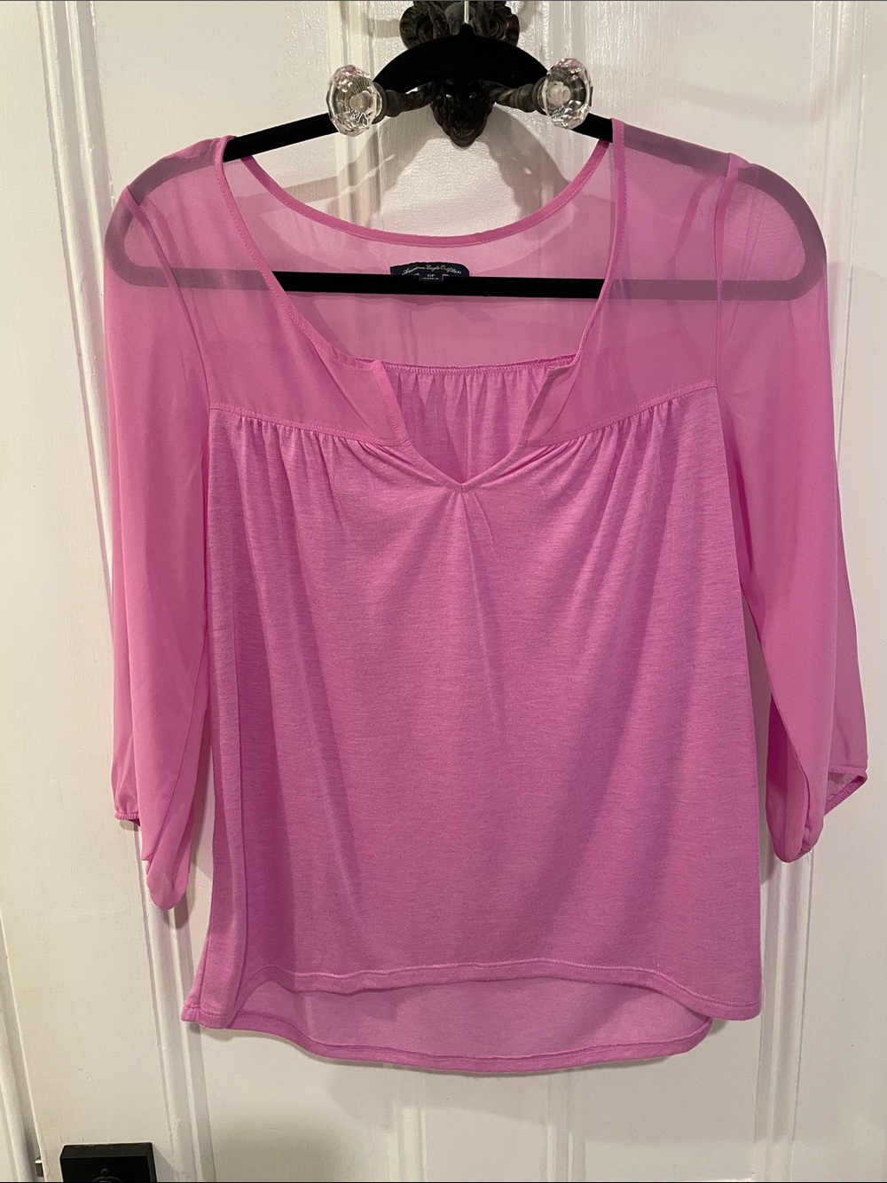American Eagle Outfitters Pink Sheer Yoke Scoop Neck Blouse